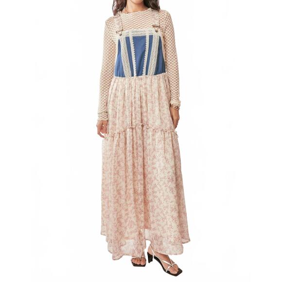 NEW DAVI & DANI denim with lace overall midi dress in pink floral - Picture 1 of 10